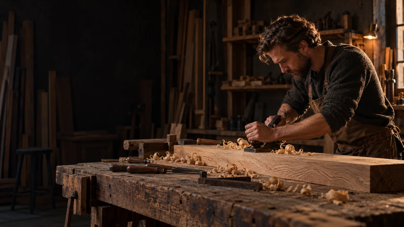 Timmerman schaaft een massief eiken plank op een werkbank, met krullen en gereedschap om zich heen