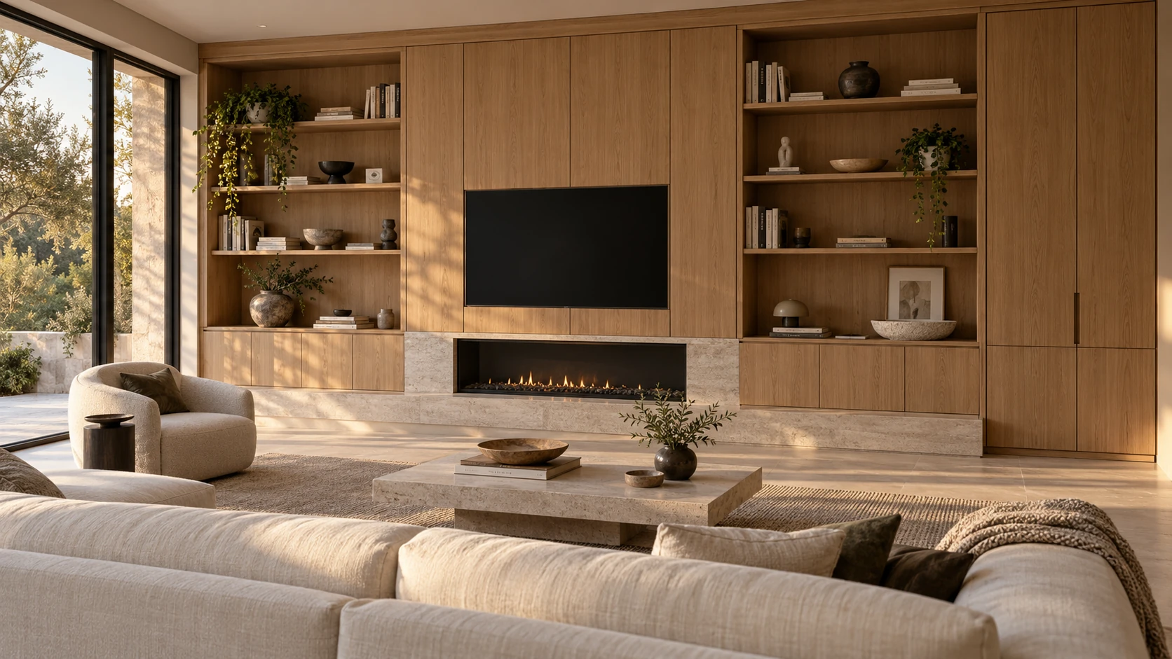 Woonkamer met een eiken inbouwwand met schappen, een openhaard en een televisie